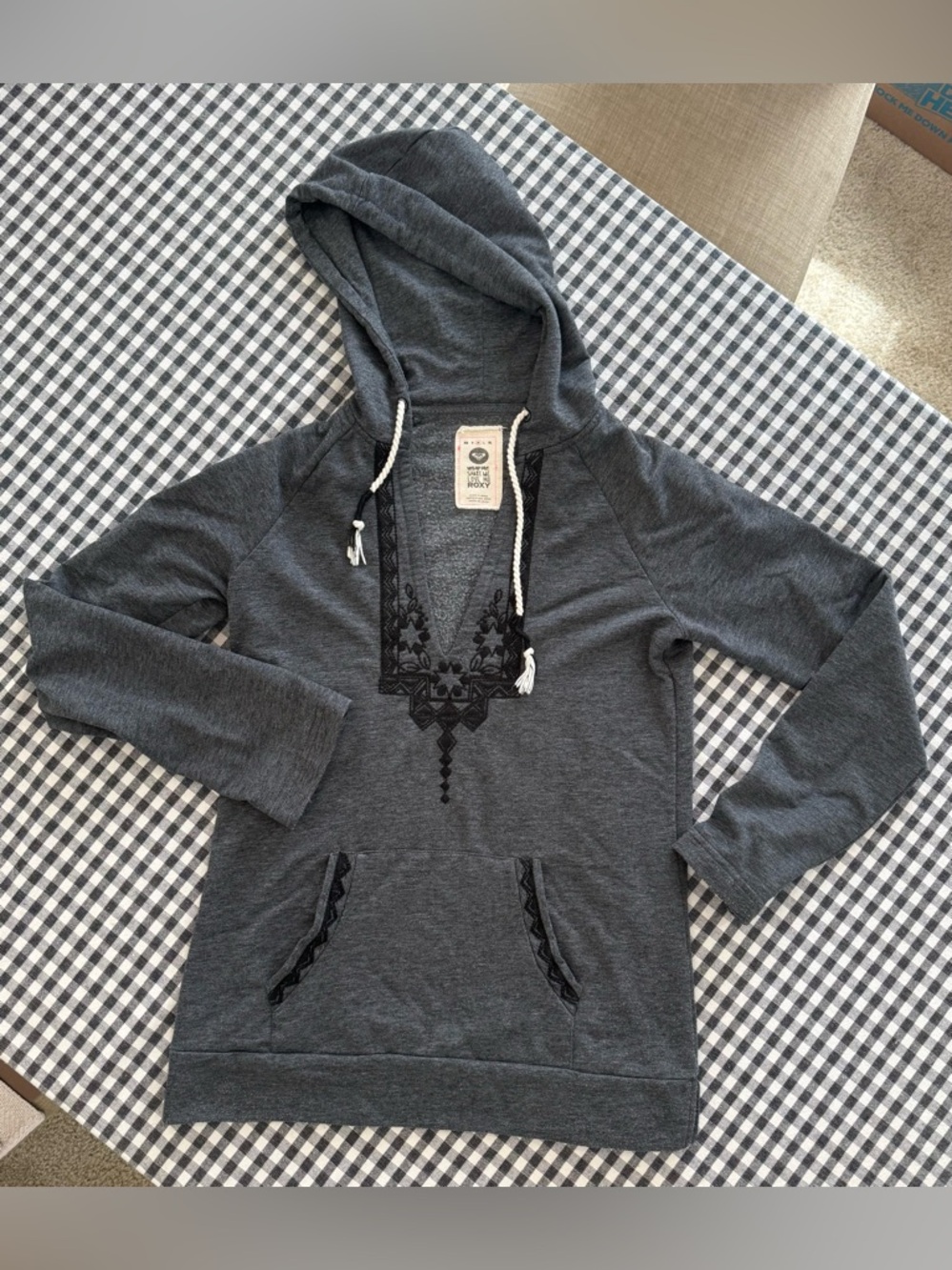 Roxy Women's  Heathered Charcoal Hoodie Pullover w/Black Embroidery Boho Casual